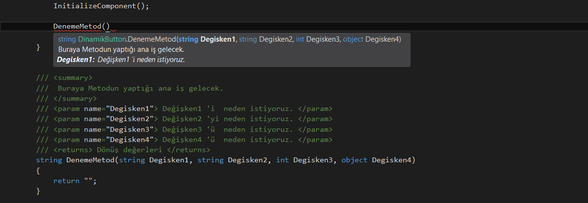 visual studio summary kullanımı