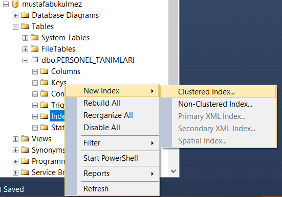 sql index tanımlama