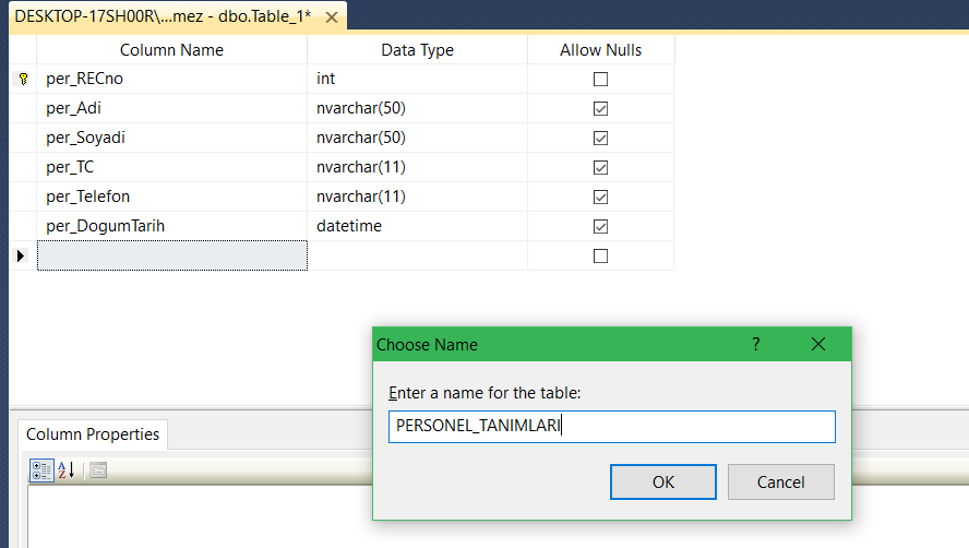 yeni tablo oluşturma