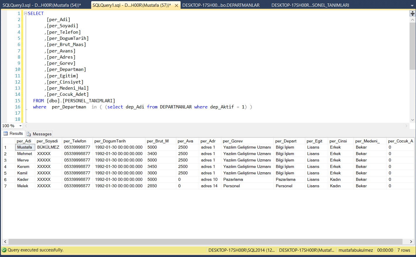 sql select komutu ve in, not in