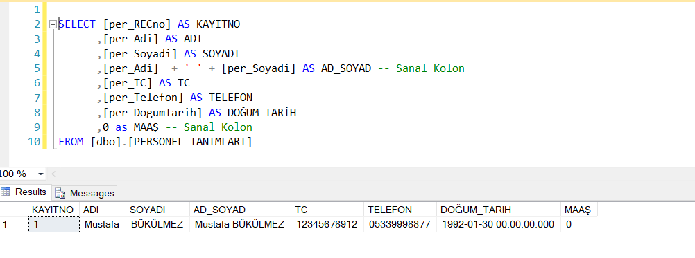 sql select sanal kolon