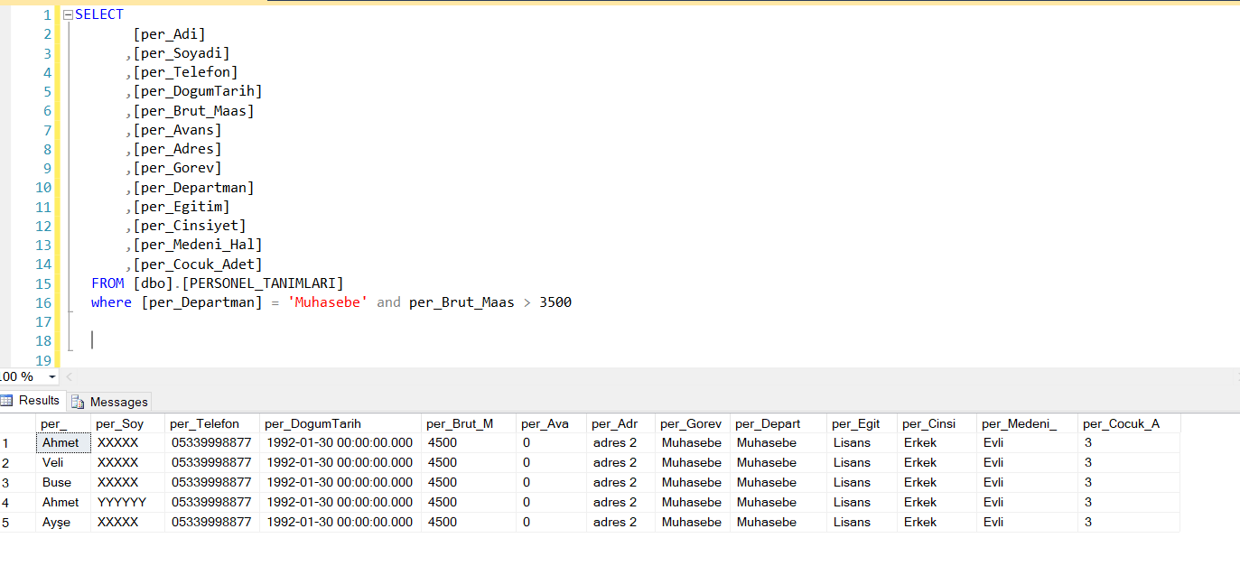sql where komutu AND