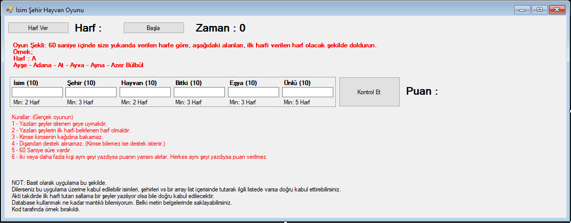 C# İsim Şehir Hayvan Oyunu Uygulaması