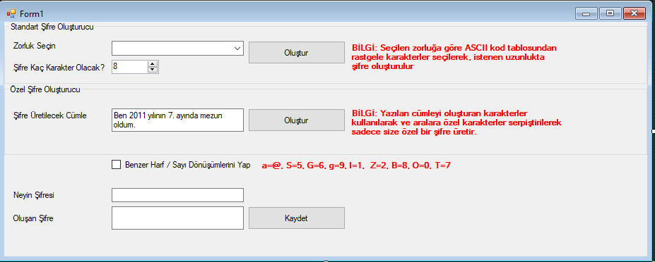 C# Şifre Üretici ve Kaydedici Uygulama
