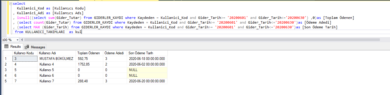 SQL İç İçe Select Kullanım Örnekler 2