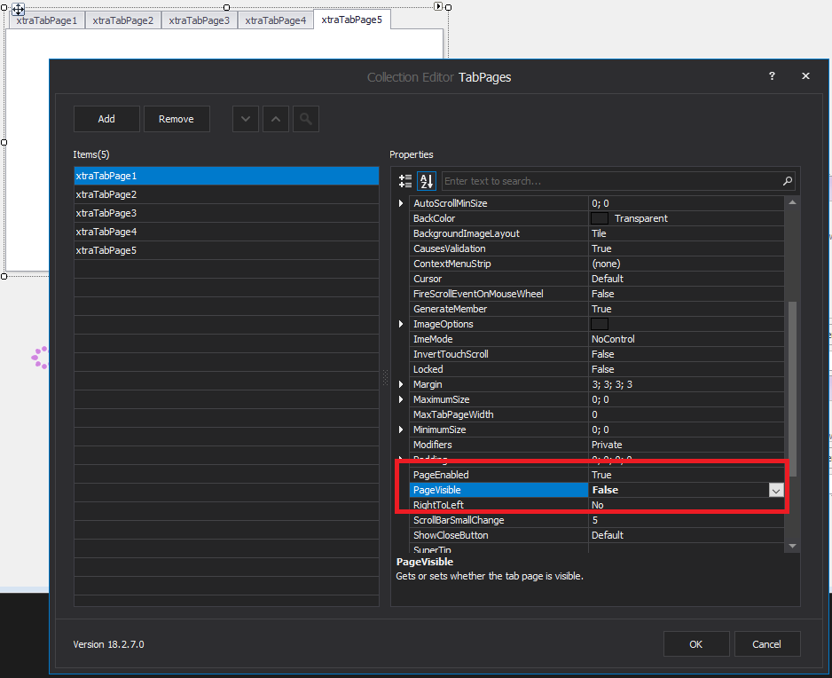 C# DevExpress TabContol pagevisible