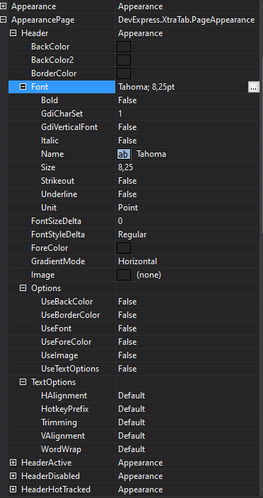 C# devepxress appreance property detail