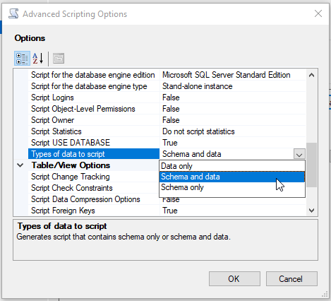 SQL Database Create Script Oluşturmak TypesOfDataToScript