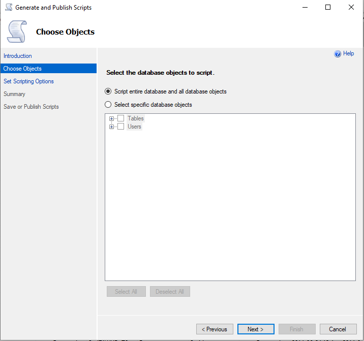 SQL Database Create Script Oluşturmak -Wizard-SelectObjects