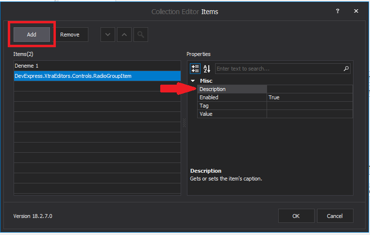 devexpress radiogroup  add item