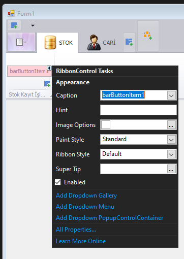 devexpress ribbonmenu item properties