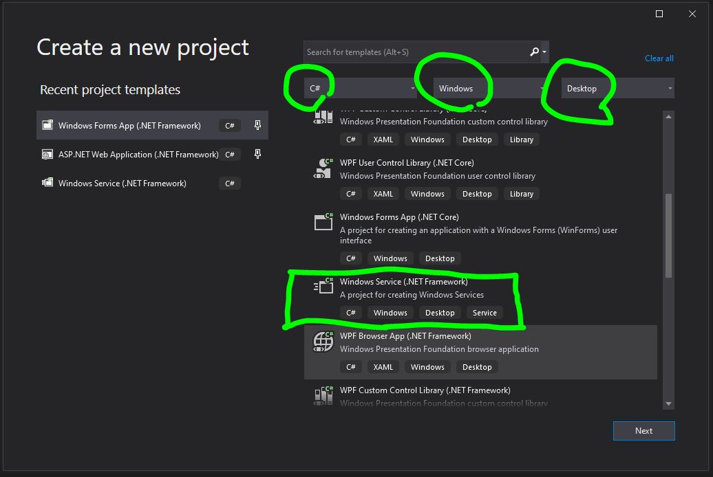 Windows Service new project
