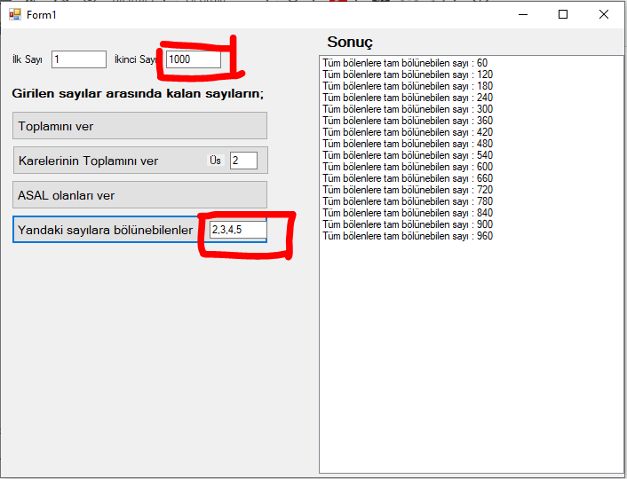 C# İki Sayı Arasındaki 3e ve 5e Bölünen Sayıları Bulmak
